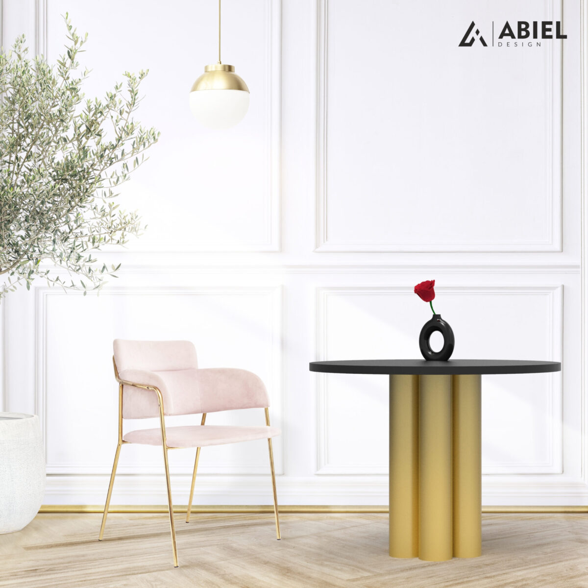 Fawaris - Stół do jadalni- Glamour -Dębowy blat - Metalowe Dekoracje - Abiel - Akcesoria metalowe do salonu - Meble Loft